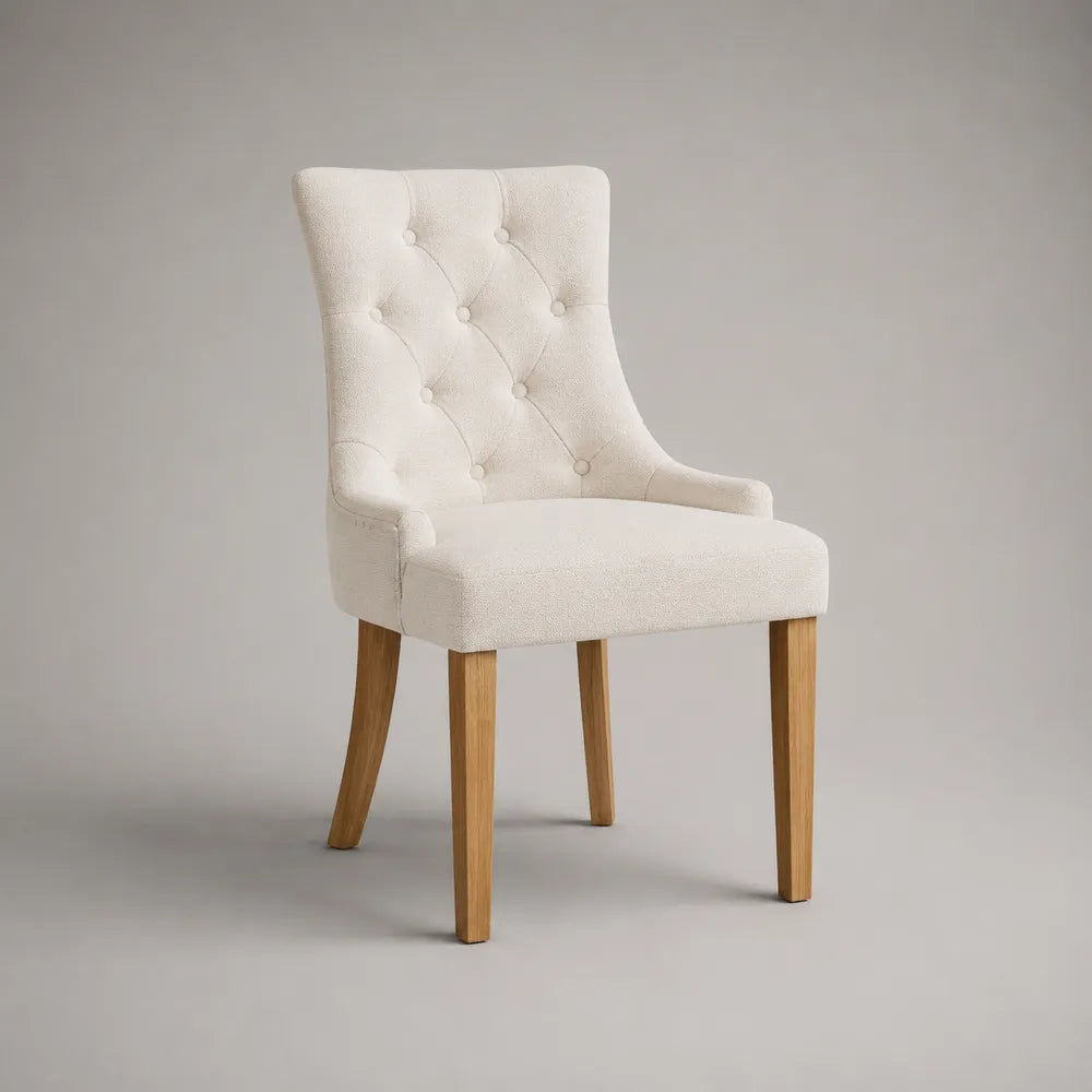Sedia da pranzo imbottita capitonné 55x60x88 cm tessuto beige gambe in legno naturale