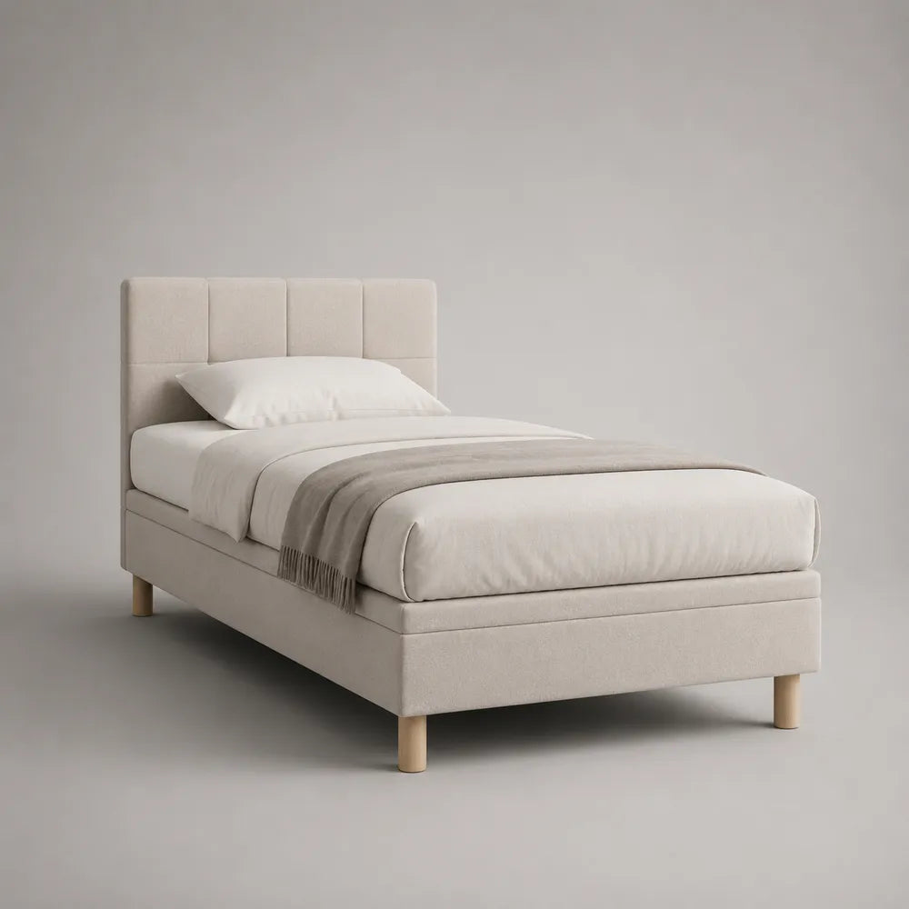 Letto singolo imbottito 90 x 200 cm rivestimento poliestere effetto lino beige struttura rettangolare beige e legno naturale 105 x 212 x 100 cm