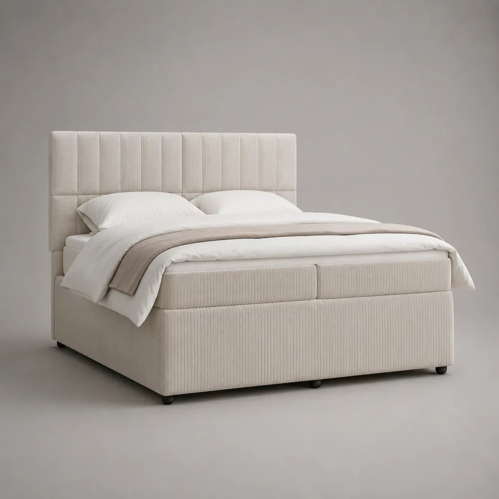 Letto matrimoniale 160x200 cm contenitore imbottito in tessuto bouclé beige con cassetti frontali rete a doghe testiera a pannelli verticali