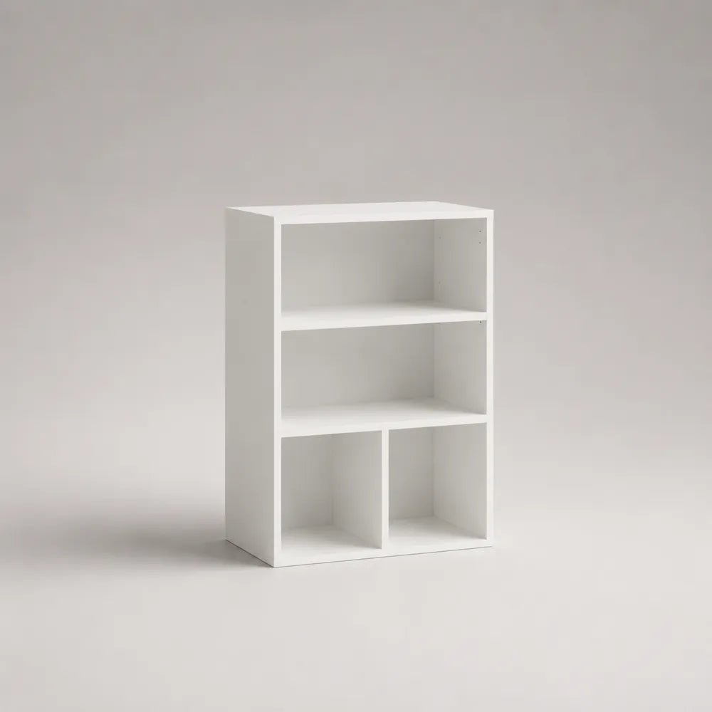 Libreria a giorno in MDF bianco 4 vani aperti struttura geometrica 60 cm x 30 cm x 90 cm