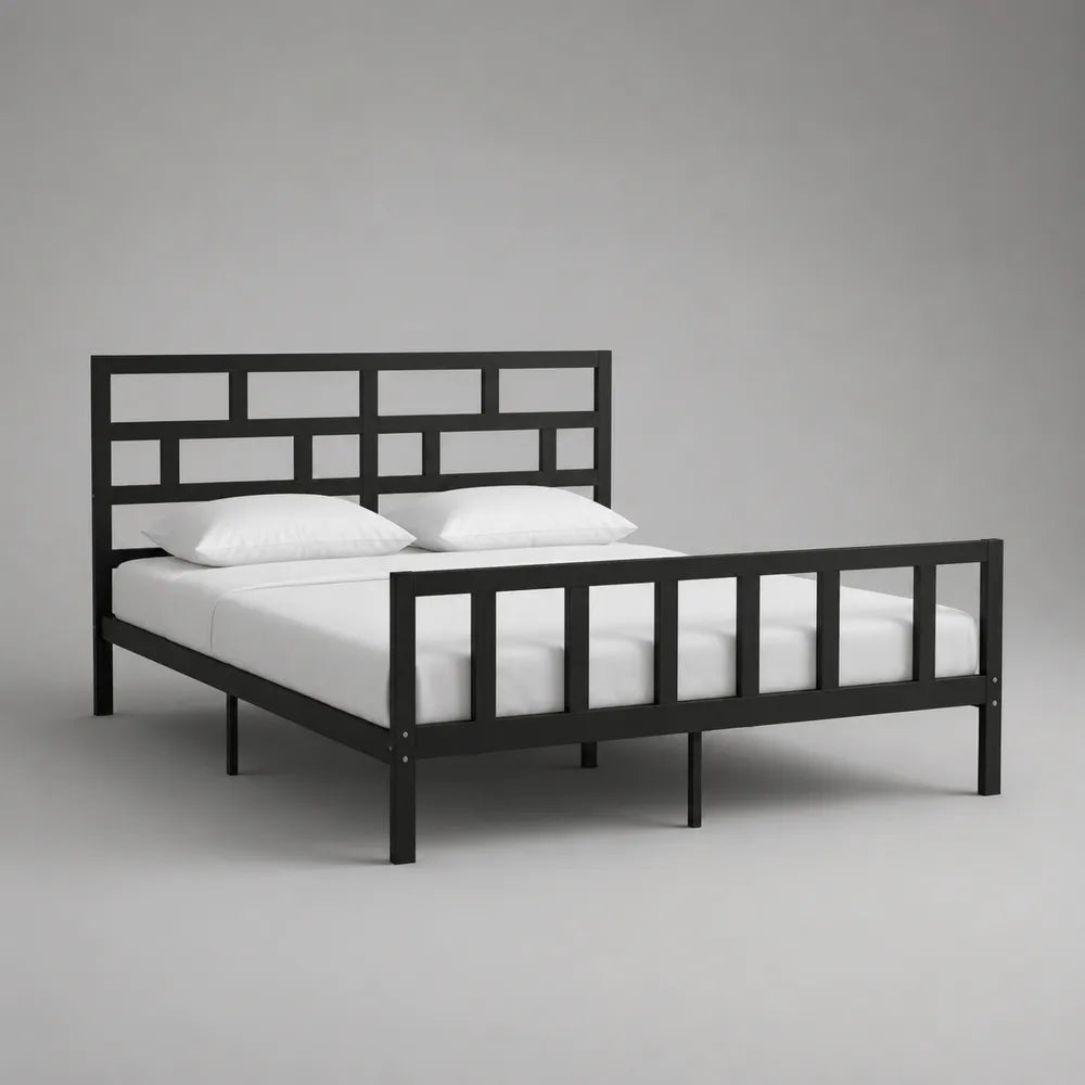 Letto matrimoniale 160x200 cm struttura in acciaio verniciato nero testiera e pediera a griglia geometrica rete a doghe struttura rinforzata