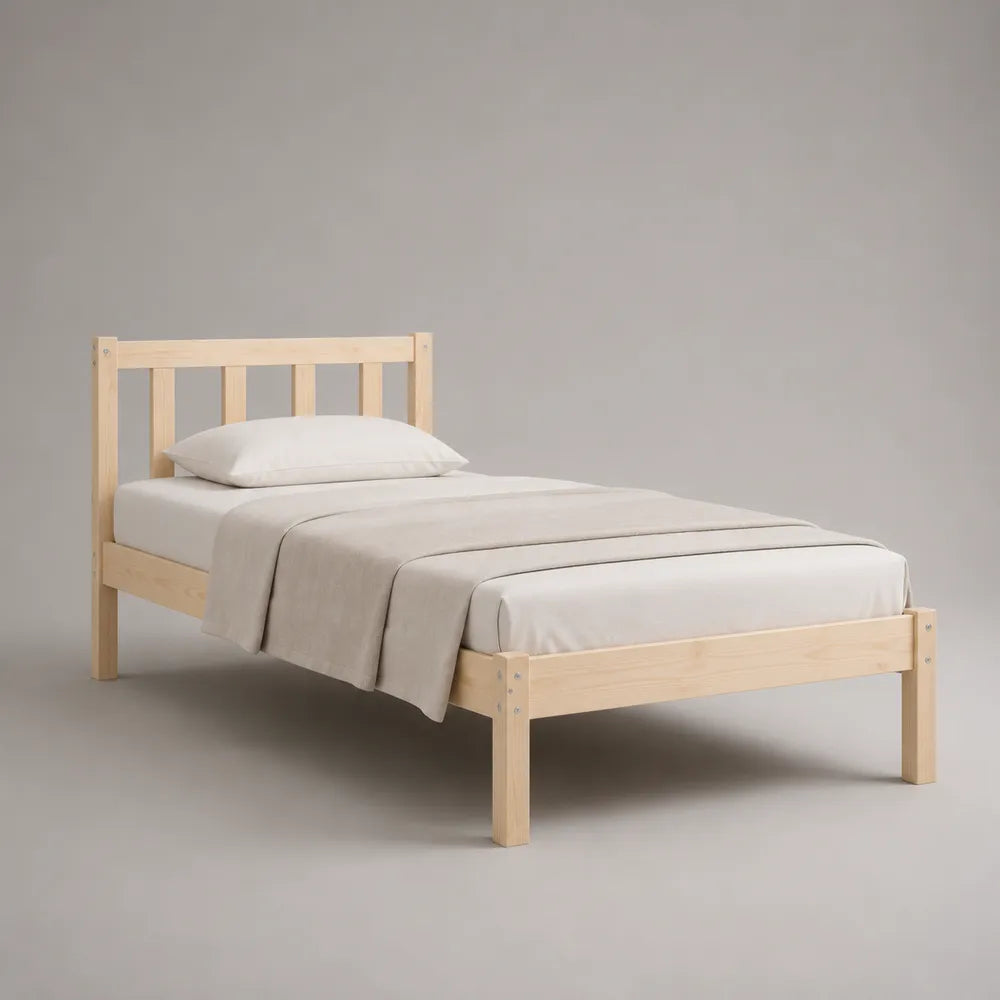 Letto singolo 90 x 200 cm in legno massiccio di pino naturale con testiera a doghe verticali struttura rettangolare legno naturale 98 x 206 x 82 cm