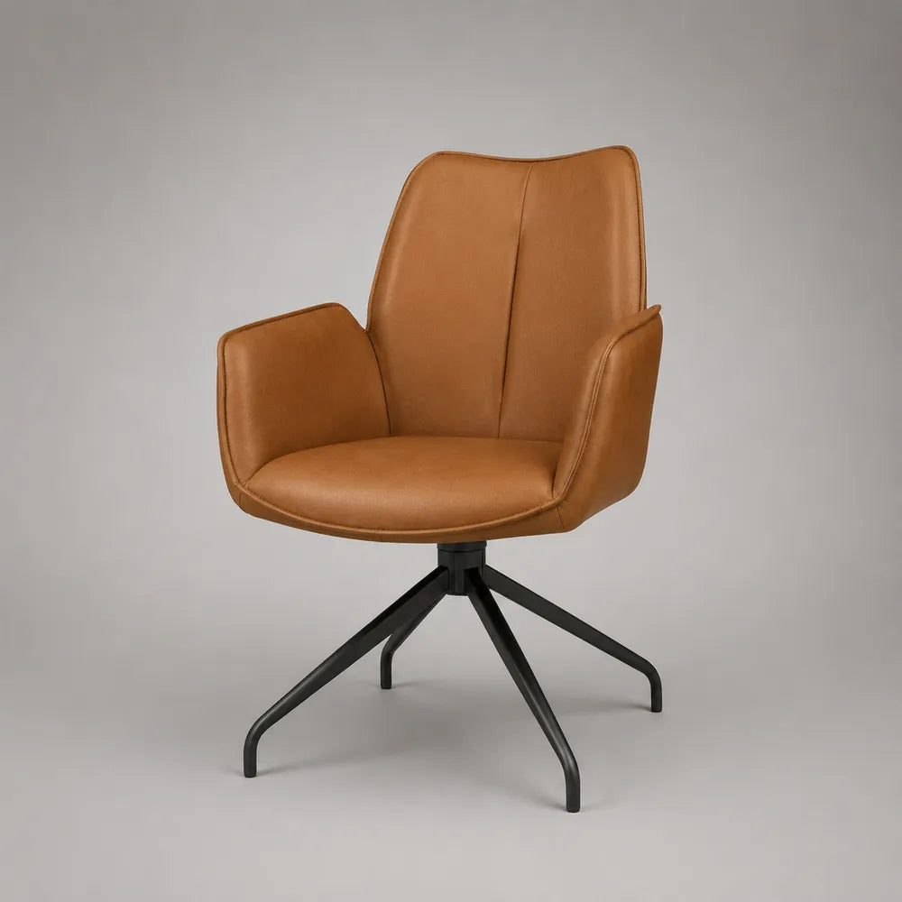Sedia da pranzo imbottita in similpelle PU con braccioli e gambe in metallo nero 60x65x90 cm marrone
