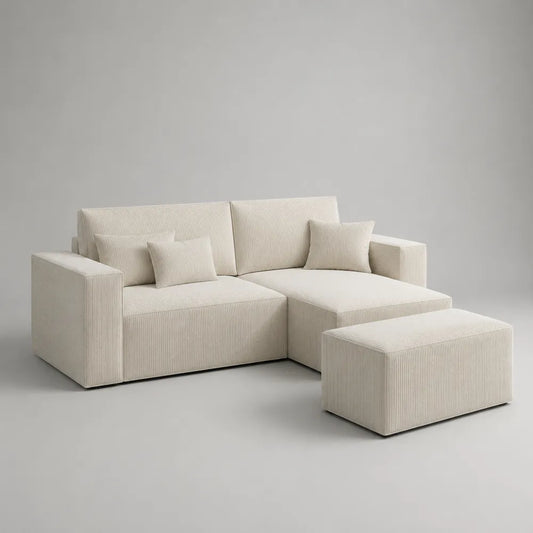 Divano angolare modulare con chaise longue e pouf rivestimento in tessuto effetto velluto a coste colore avorio struttura in legno e metallo 240 cm x 150 cm x 85 cm