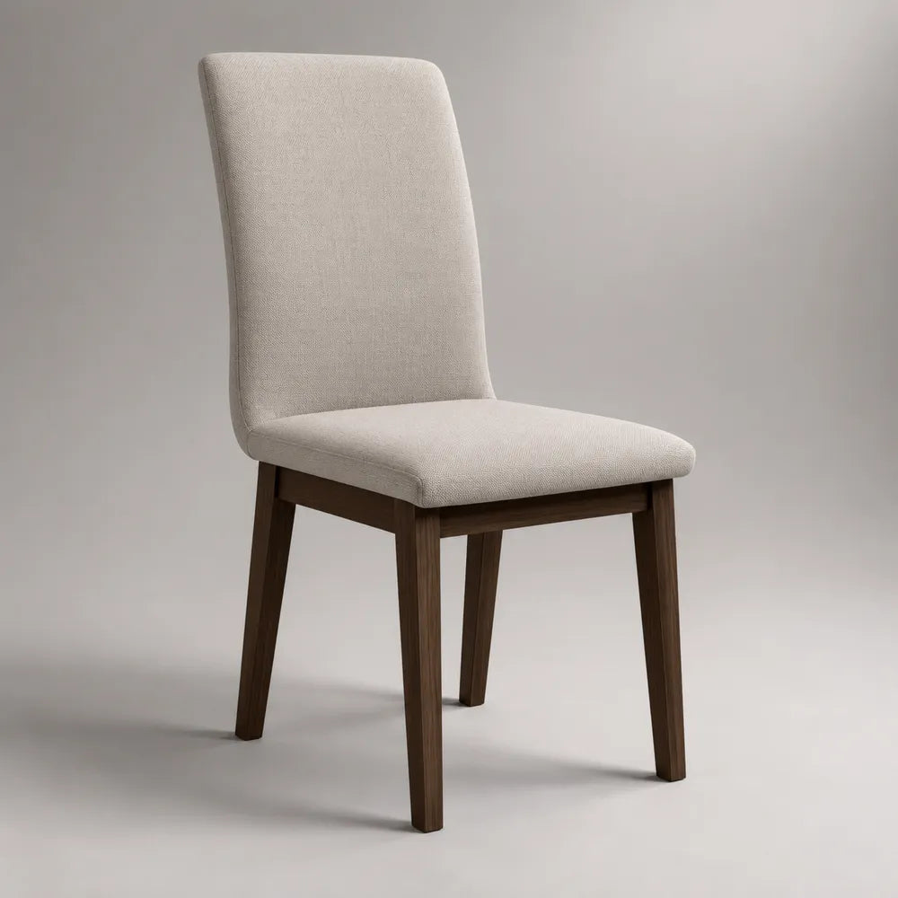 Sedia da pranzo imbottita con schienale alto in tessuto poliestere beige chiaro e gambe in legno massello finitura noce 47 x 59 x 98 cm