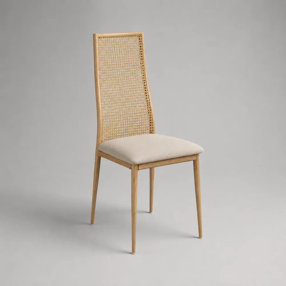 Sedia da pranzo in legno naturale con schienale in rattan intrecciato seduta imbottita beige 45x52x85 cm