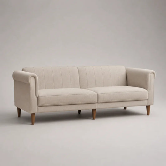 Divano 3 posti in tessuto poliestere beige con gambe in legno massello 200x85x85 cm