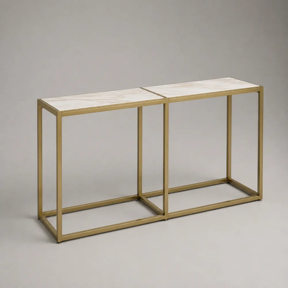 Consolle ingresso rettangolare 140x35x80 cm piano effetto marmo bianco pietra sinterizzata telaio in acciaio verniciato oro struttura aperta